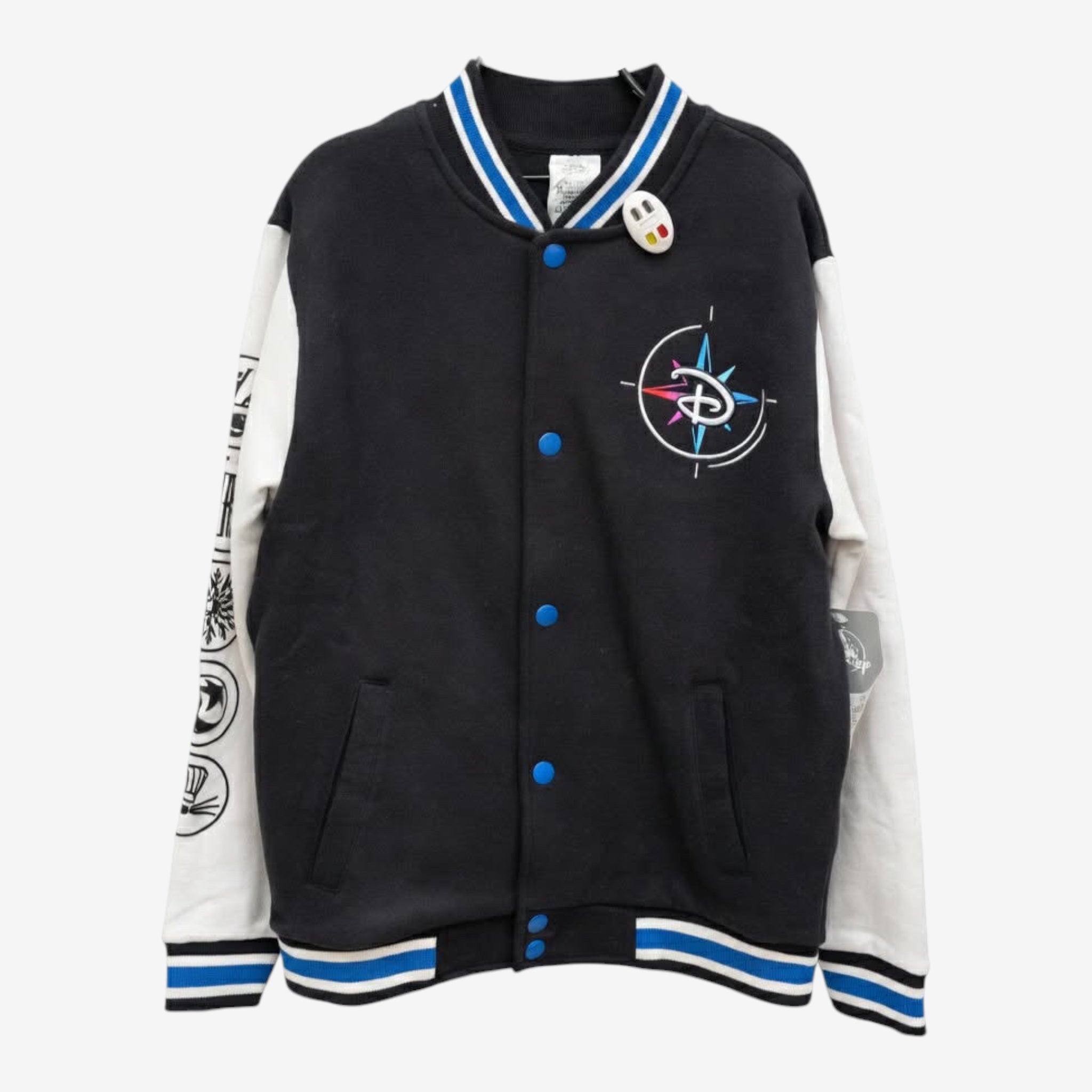 Once Upon Magic black and white varsity teddy jacket for kids with Disney Adventure World compass logo and character graphics on sleeves.