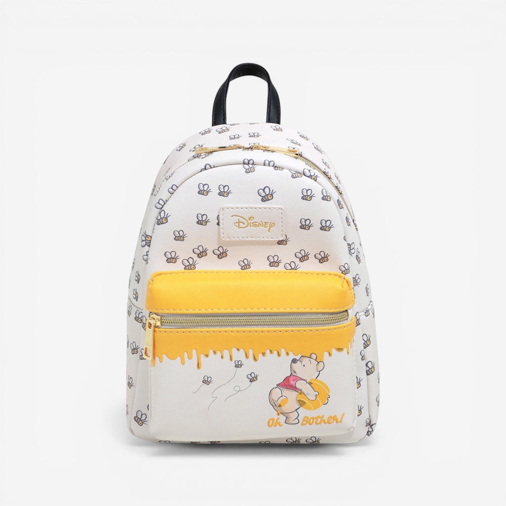 Once Upon Magic Disney Winnie the Pooh mini backpack with bees and honey print, yellow accents, and adjustable straps.