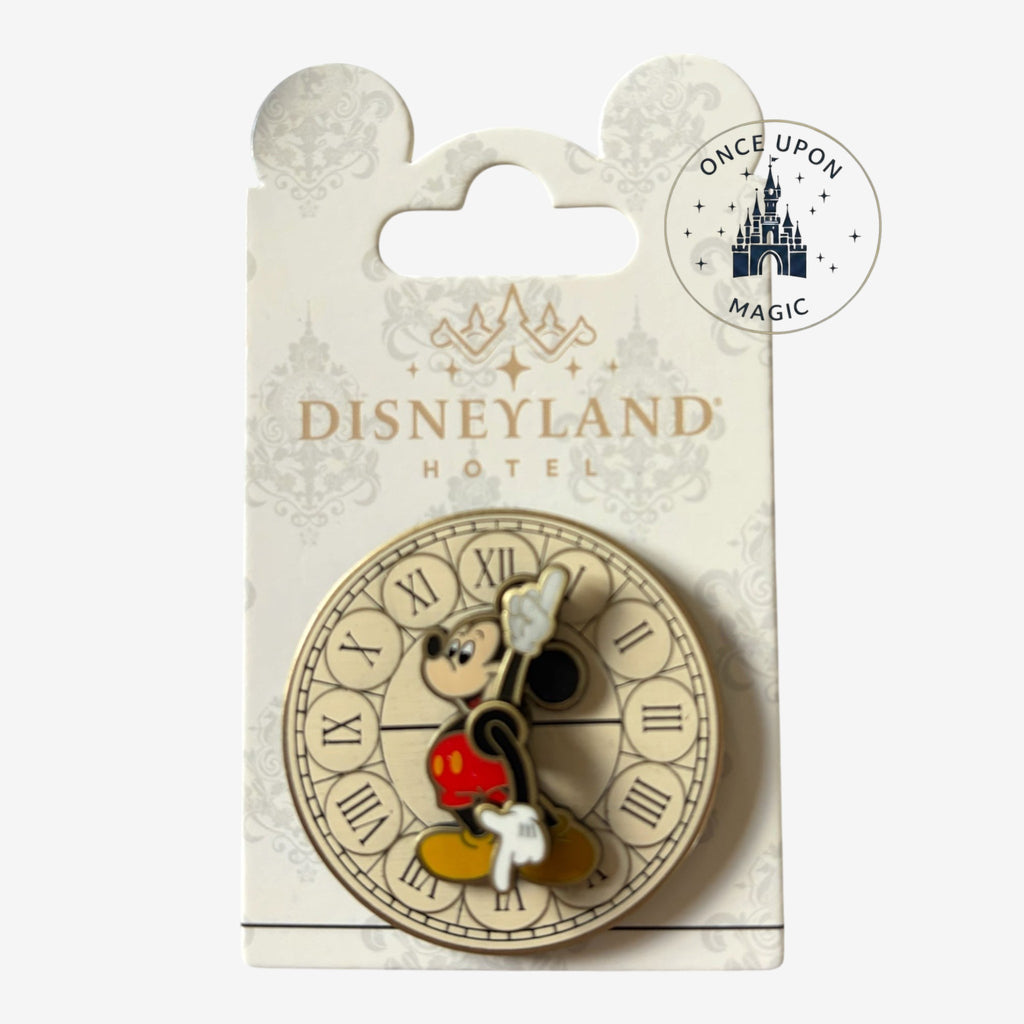 Once Upon Magic Disneyland Hotel exclusive pin featuring Mickey Mouse on a clock face with Roman numerals, made of enamel and metal.