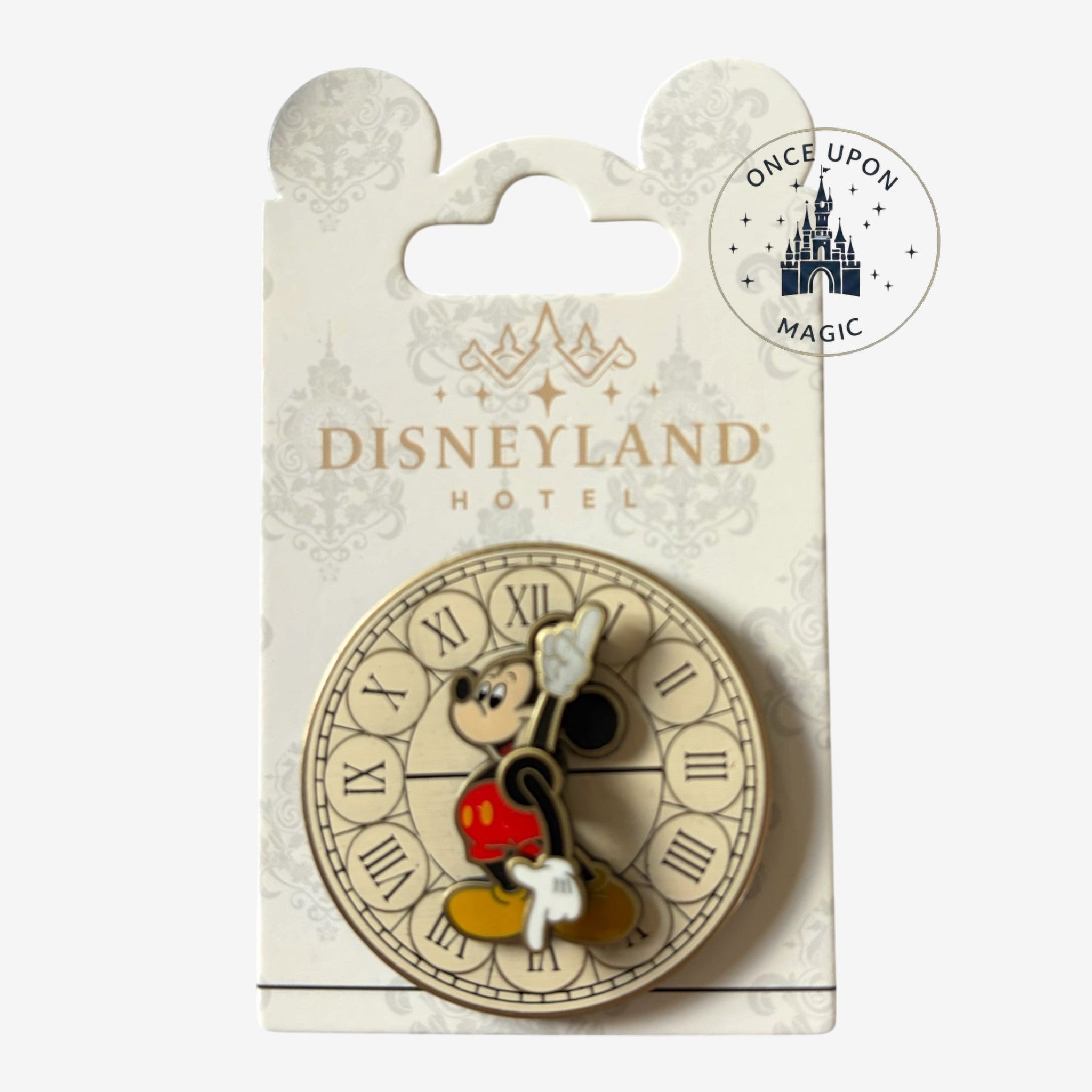 Once Upon Magic Disneyland Hotel exclusive pin featuring Mickey Mouse on a clock face with Roman numerals, made of enamel and metal.