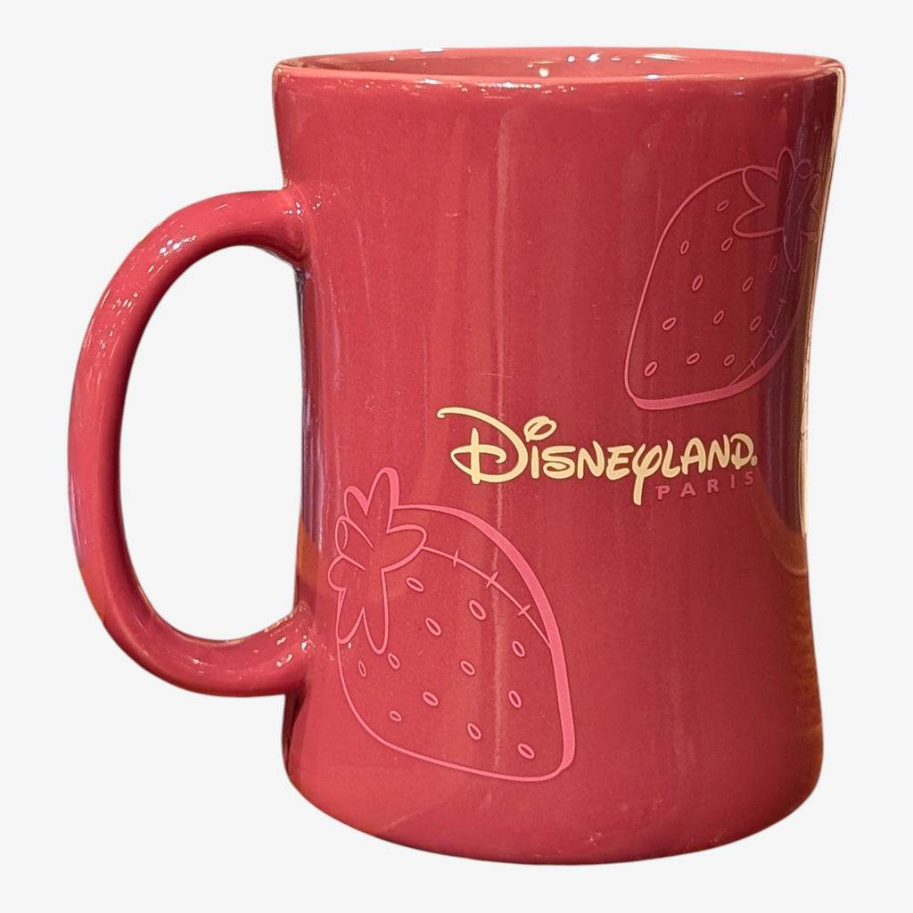 Once Upon Magic Disneyland Paris Lotso strawberry mug, raspberry pink ceramic with strawberry graphics and Disneyland Paris logo.