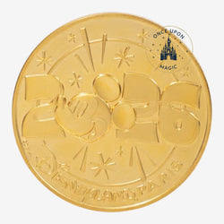 Once Upon Magic gold-finish souvenir medal featuring Mickey Mouse and the year 2026, with Disneyland Paris inscription.