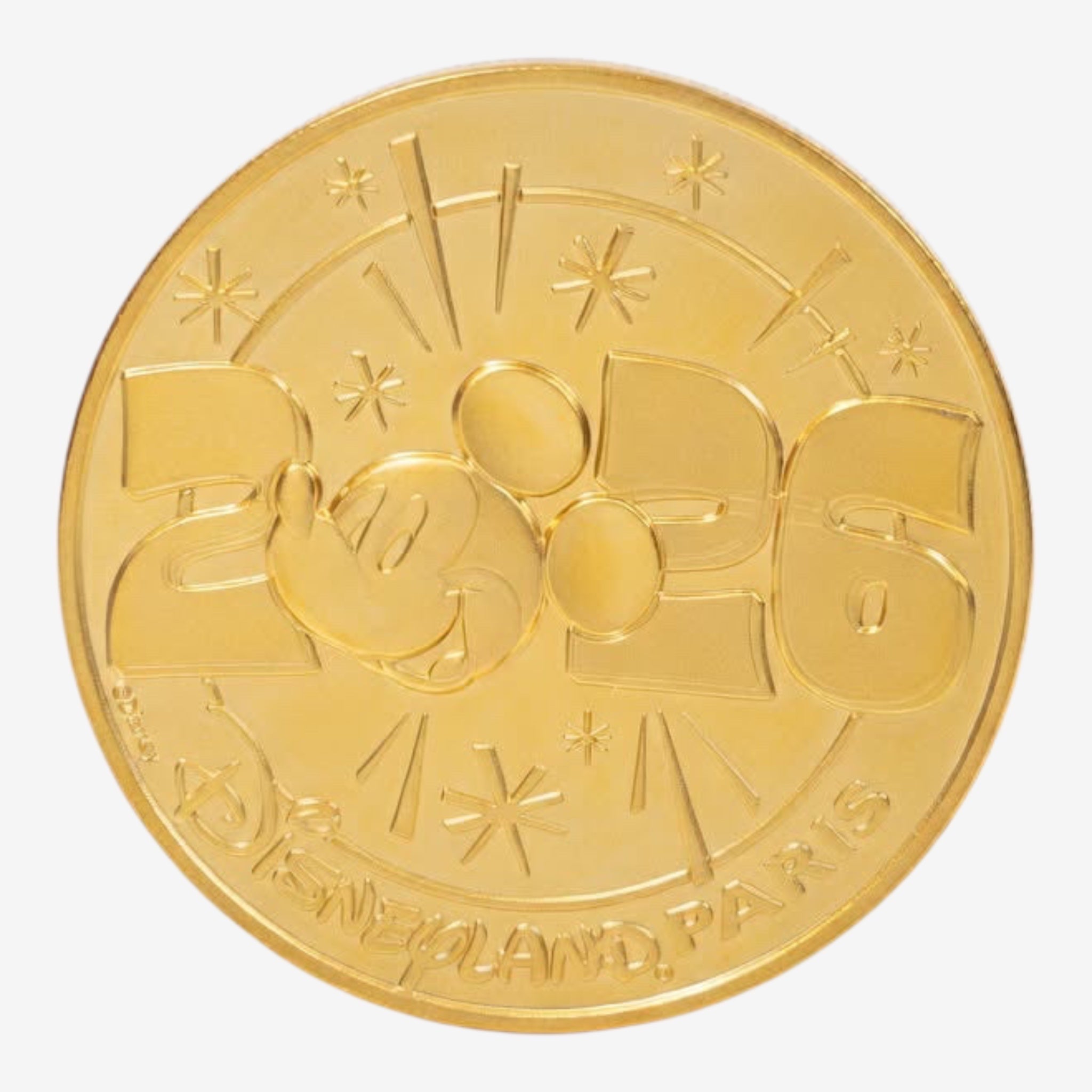 Once Upon Magic gold-finish souvenir medal featuring Mickey Mouse and the year 2026, with Disneyland Paris inscription.