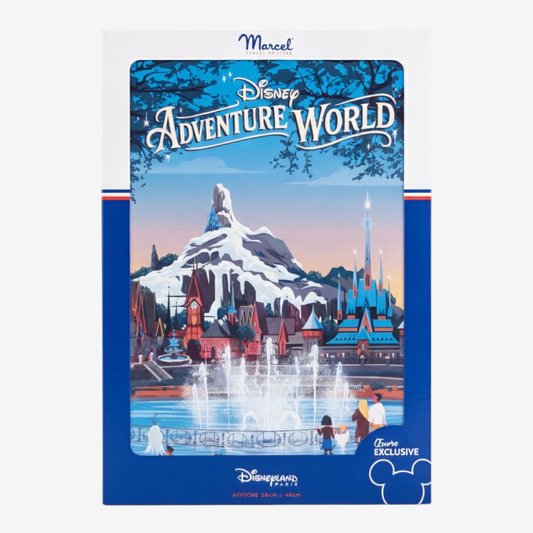 Once Upon Magic exclusive Disneyland Paris Adventure World lithograph poster, featuring a snowy mountain, castle, and fountains in a modern artistic style.