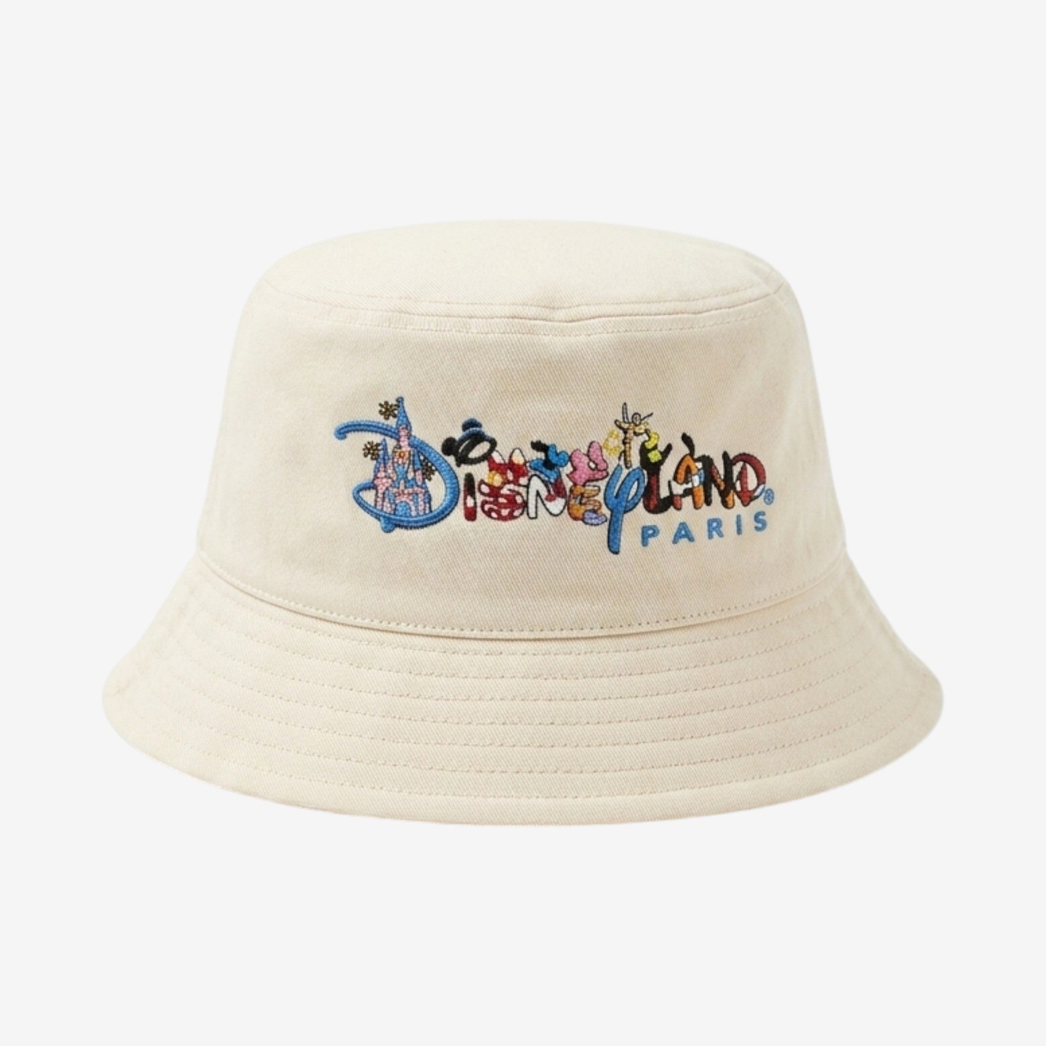 Once Upon Magic cream cotton bucket hat with embroidered Disneyland Paris logo and characters.