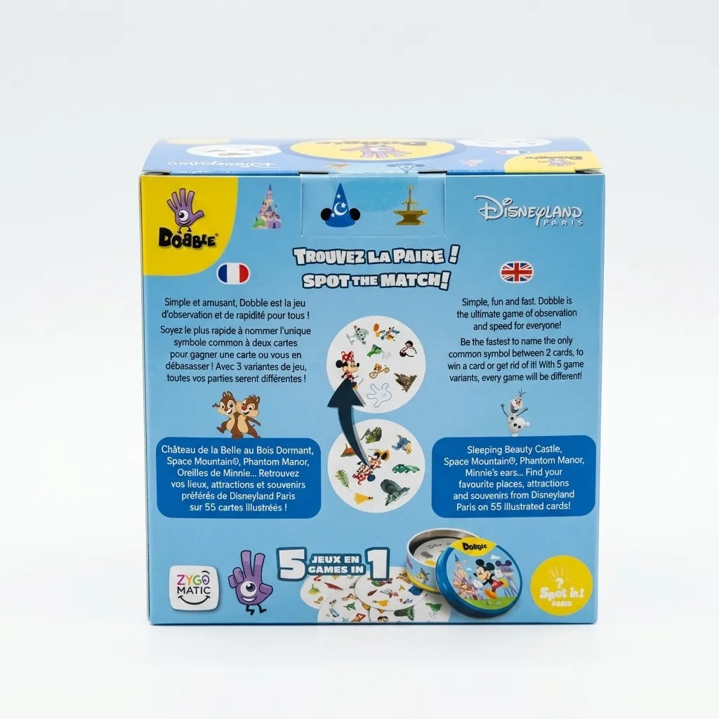 Once Upon Magic Disneyland Paris Dobble Spot the Match card game featuring Mickey Mouse and Disney characters. For ages 6+, 2-8 players.