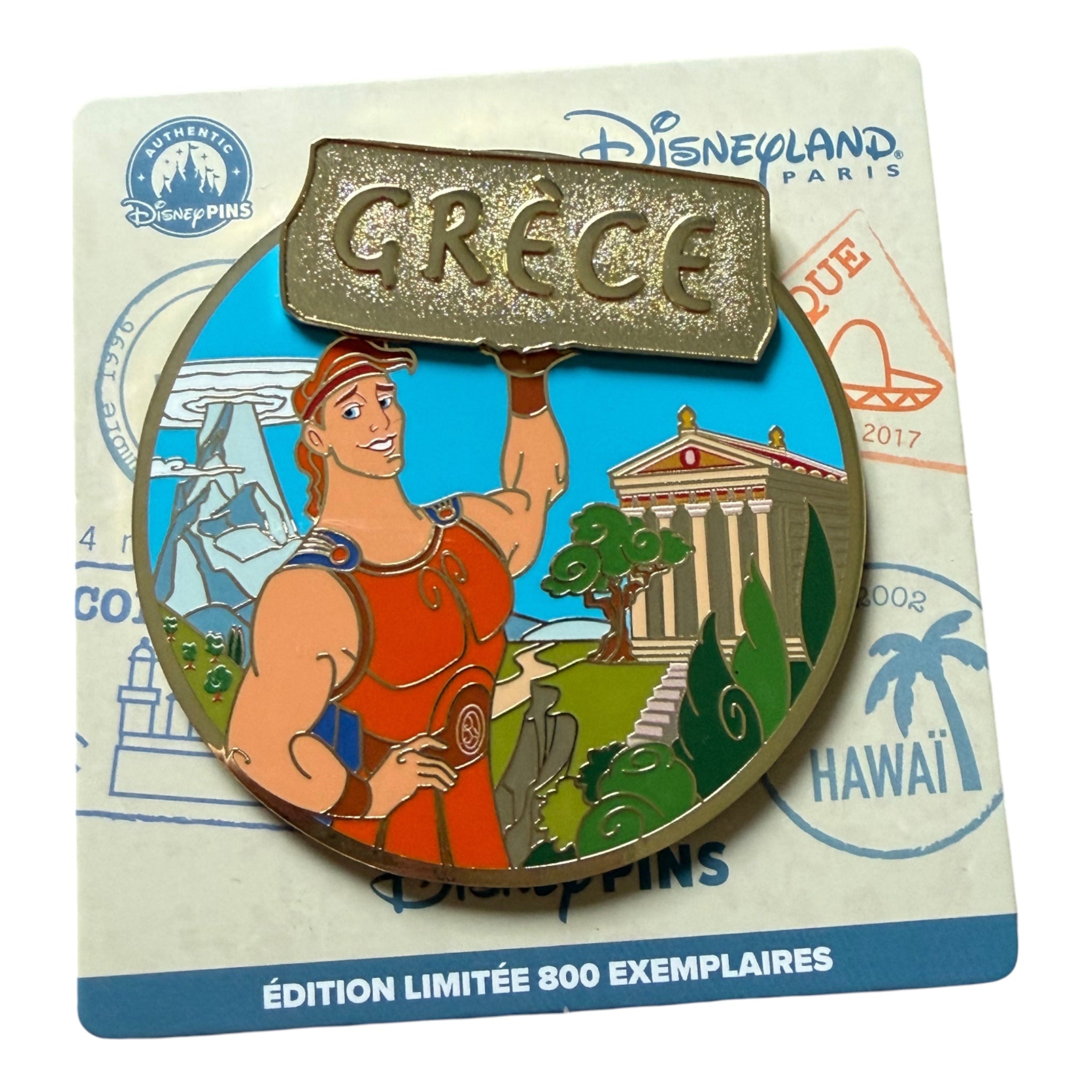 Once Upon Magic Disneyland Paris Hercules Greece limited edition pin. Features Hercules holding a sign that says "GREECE" with a Greek temple and landscape.