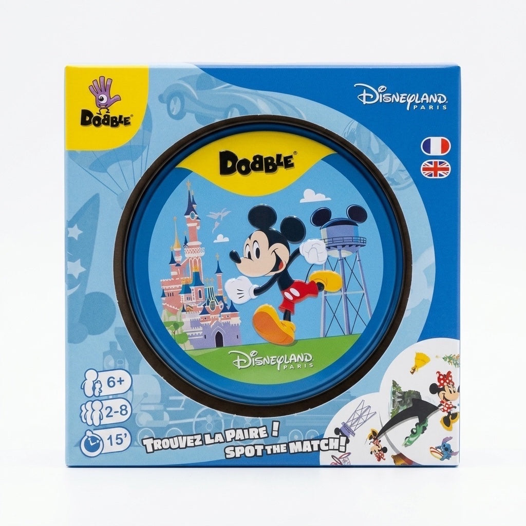 Once Upon Magic Disneyland Paris Mickey Mouse Spot The Match Dobble game box featuring Mickey Mouse, Sleeping Beauty Castle, and game details.