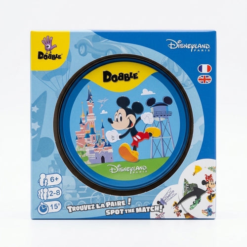 Once Upon Magic Disneyland Paris Mickey Mouse Spot The Match Dobble game box featuring Mickey Mouse, Sleeping Beauty Castle, and game details.