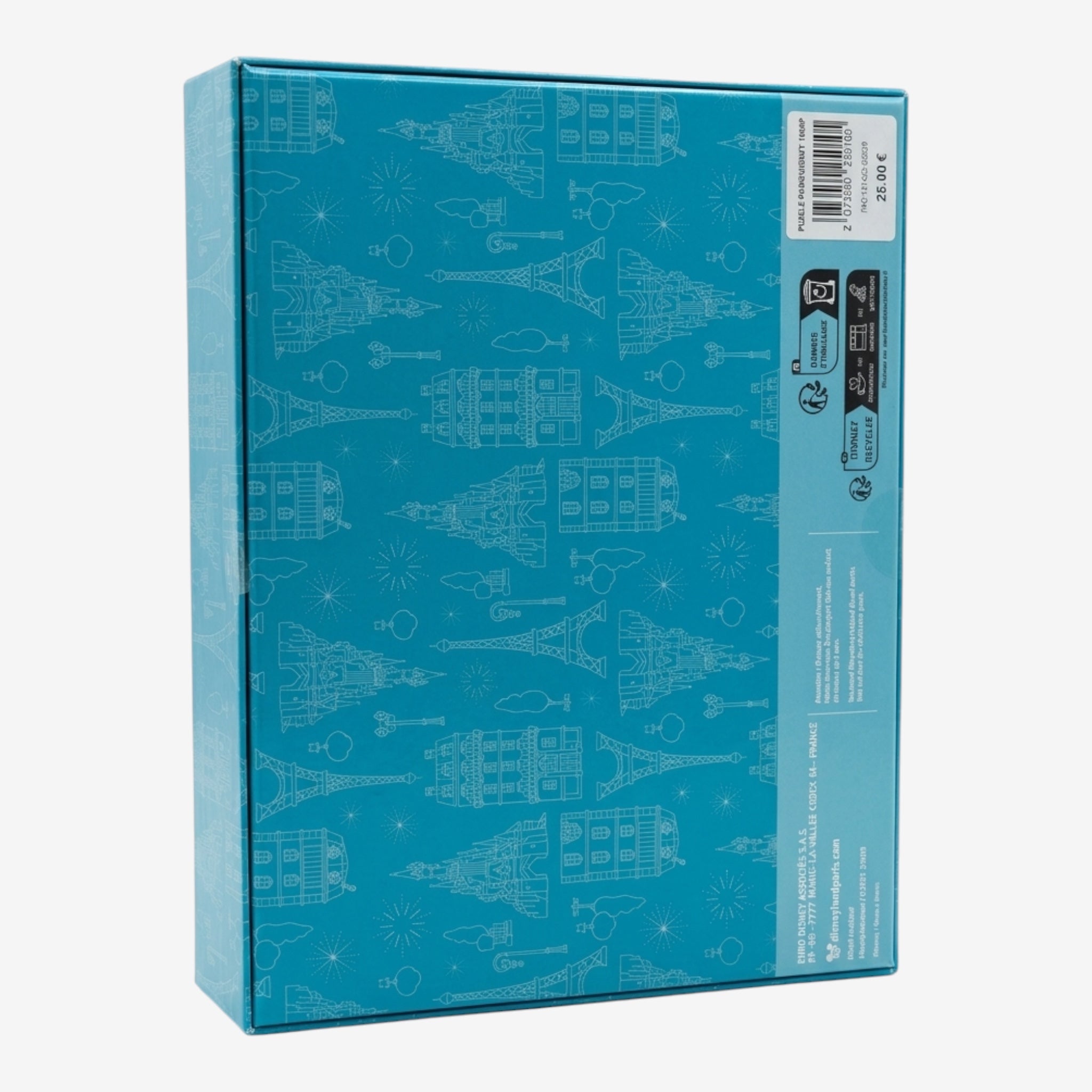 Once Upon Magic blue 1000-piece puzzle box featuring a repeating pattern of Parisian landmarks and fireworks.