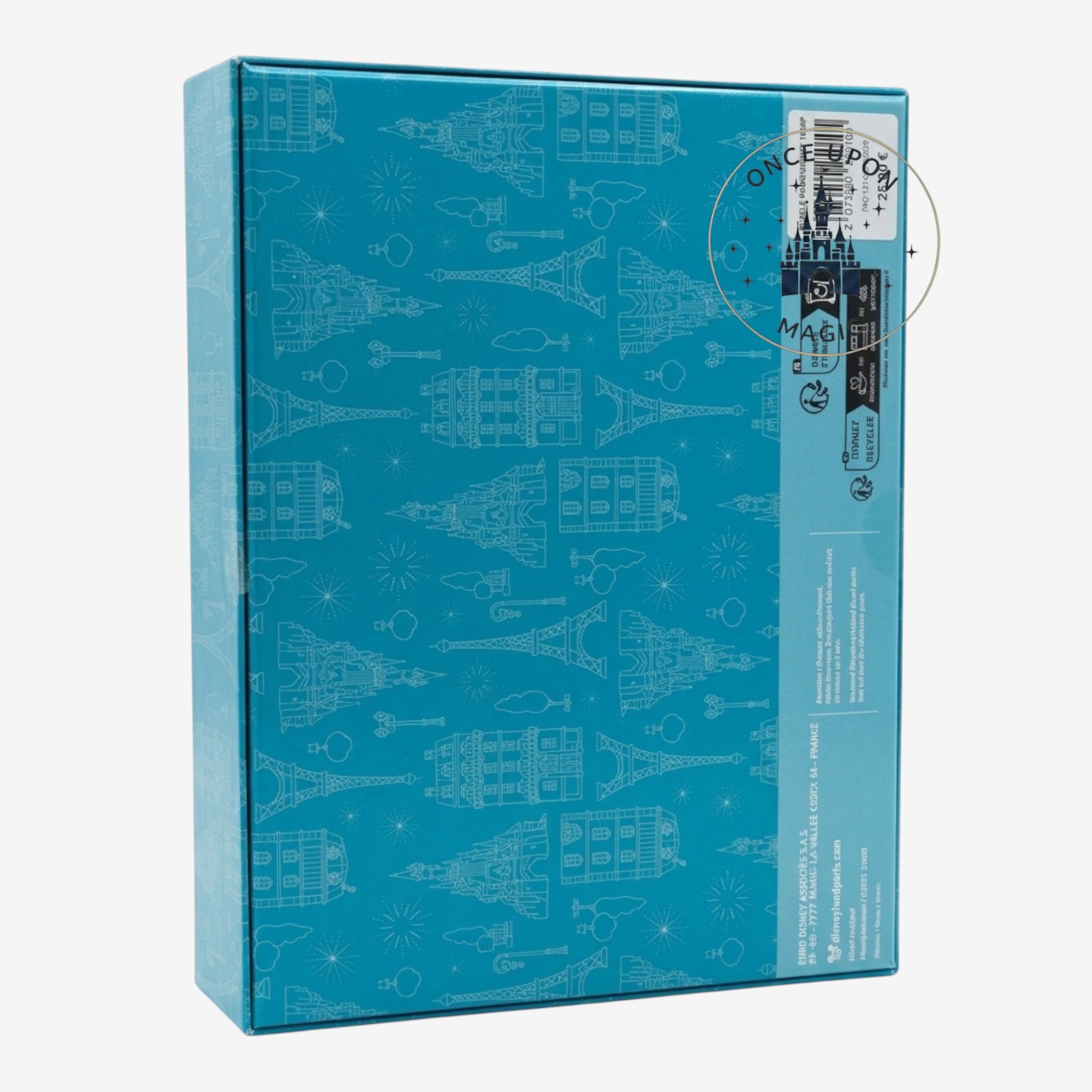 Once Upon Magic blue 1000-piece puzzle box featuring a repeating pattern of Parisian landmarks and fireworks.