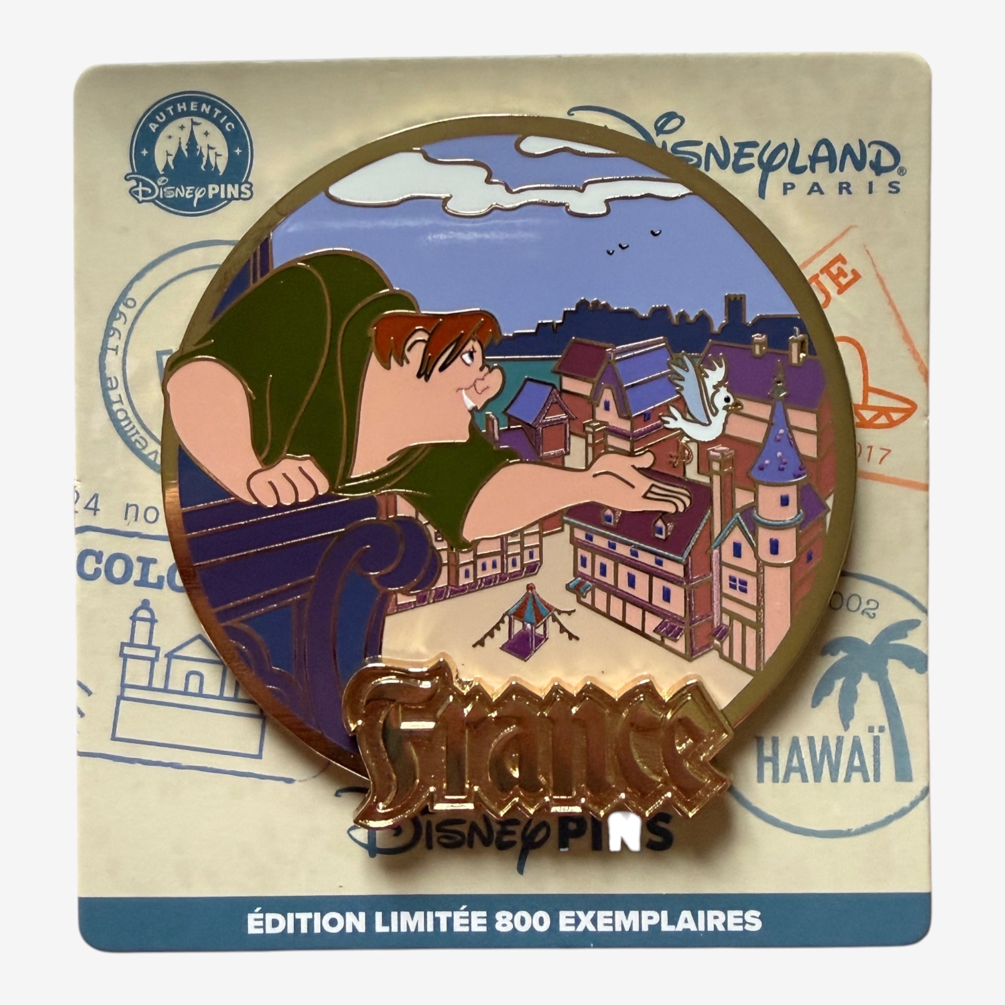 Once Upon Magic Disneyland Paris Quasimodo pin with a bird and Paris cityscape. Limited edition.