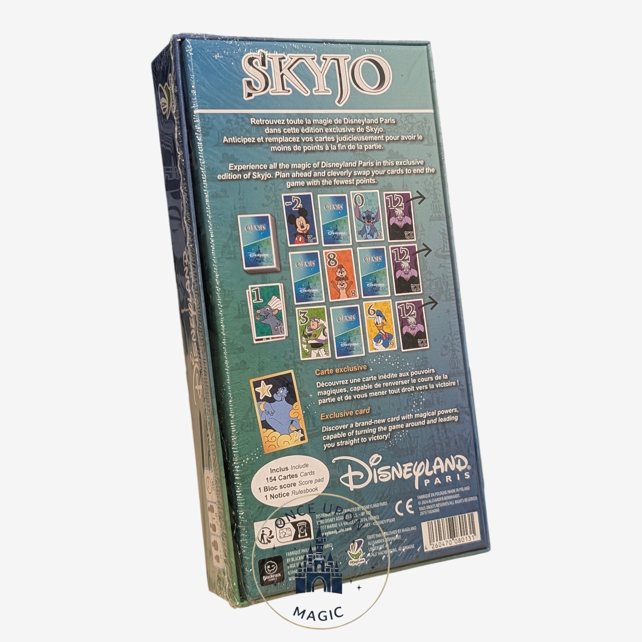 Once Upon Magic Disneyland Paris Skyjo exclusive edition card game featuring Mickey, Stitch, Buzz, and Donald.