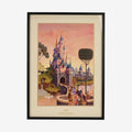 Once Upon Magic framed lithograph of Sleeping Beauty Castle at Disneyland Paris with pink and gold sky, Disney characters, and swans.