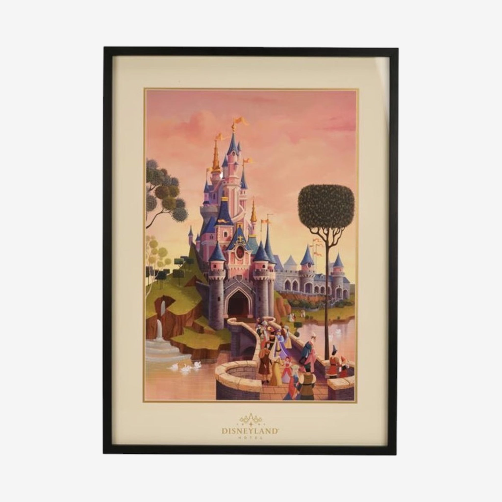 Once Upon Magic framed lithograph of Sleeping Beauty Castle at Disneyland Paris with pink and gold sky, Disney characters, and swans.