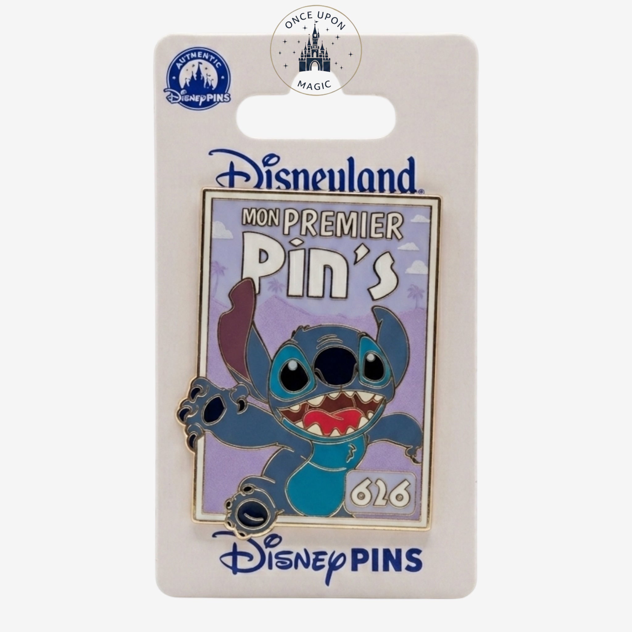 Once Upon Magic Disneyland Mon Premier Stitch enamel pin featuring the blue alien character with "Mon Premier Pin's" text.