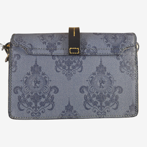 Dooney & Bourke Disneyland Hotel limited edition crossbody bag in midnight blue with baroque print and gold buckle closure.