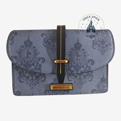 Once Upon Magic Disneyland Hotel limited edition Dooney & Bourke crossbody bag in midnight blue with baroque print and gold hardware.