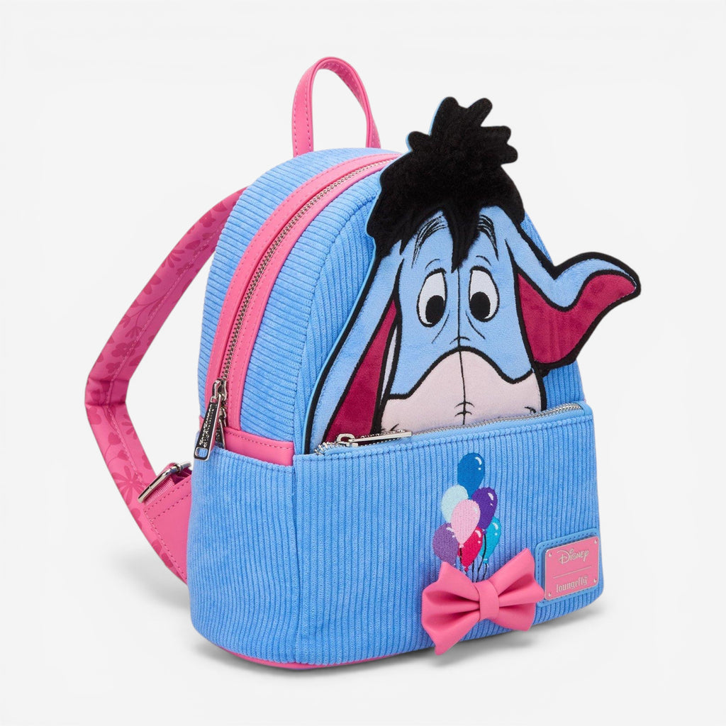 Once Upon Magic blue corduroy mini backpack featuring Eeyore with magnetic ears, 3D bow, and balloon details.