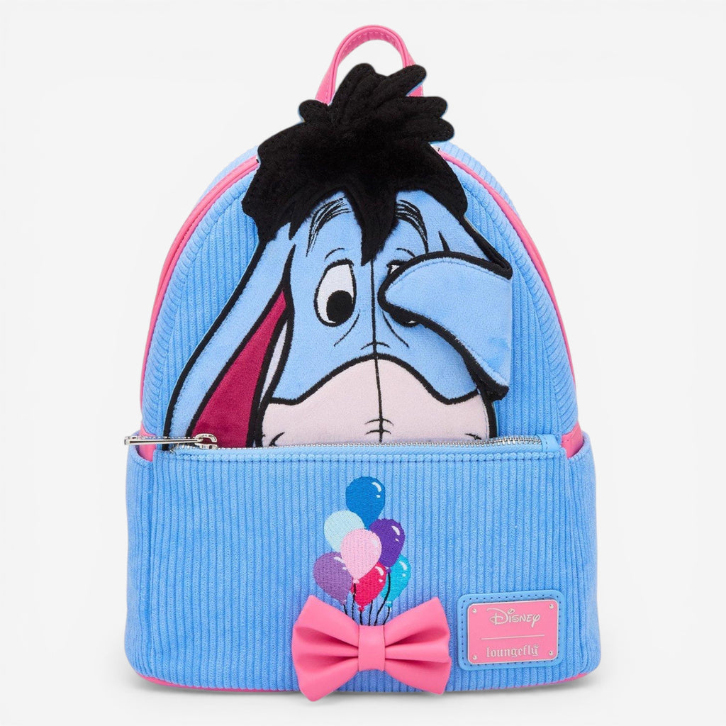 Once Upon Magic blue corduroy Eeyore mini backpack with balloons and pink bow, Disney Loungefly