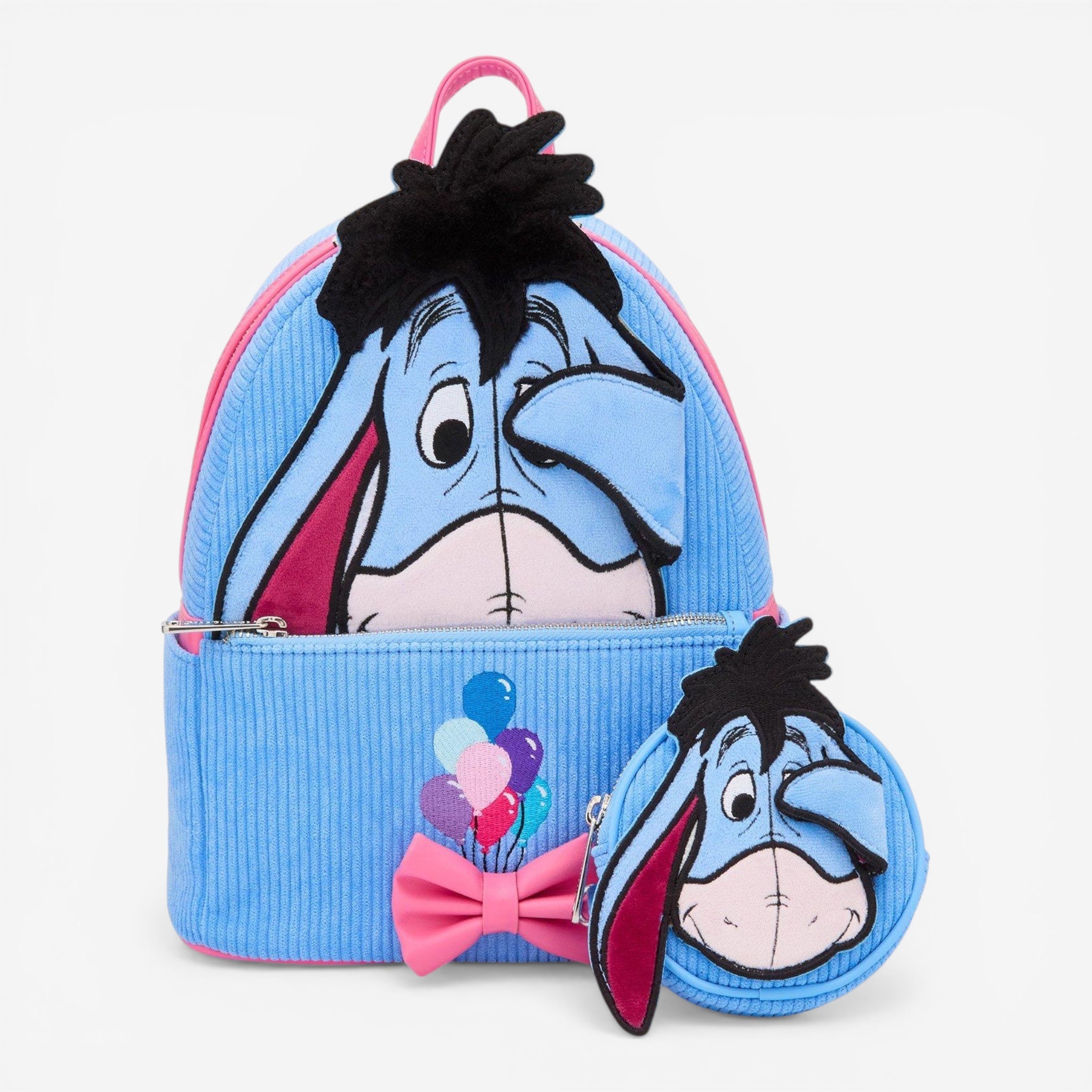 Once Upon Magic blue corduroy Eeyore mini backpack with pink trim, 3D bow, and balloons. Includes matching coin purse.