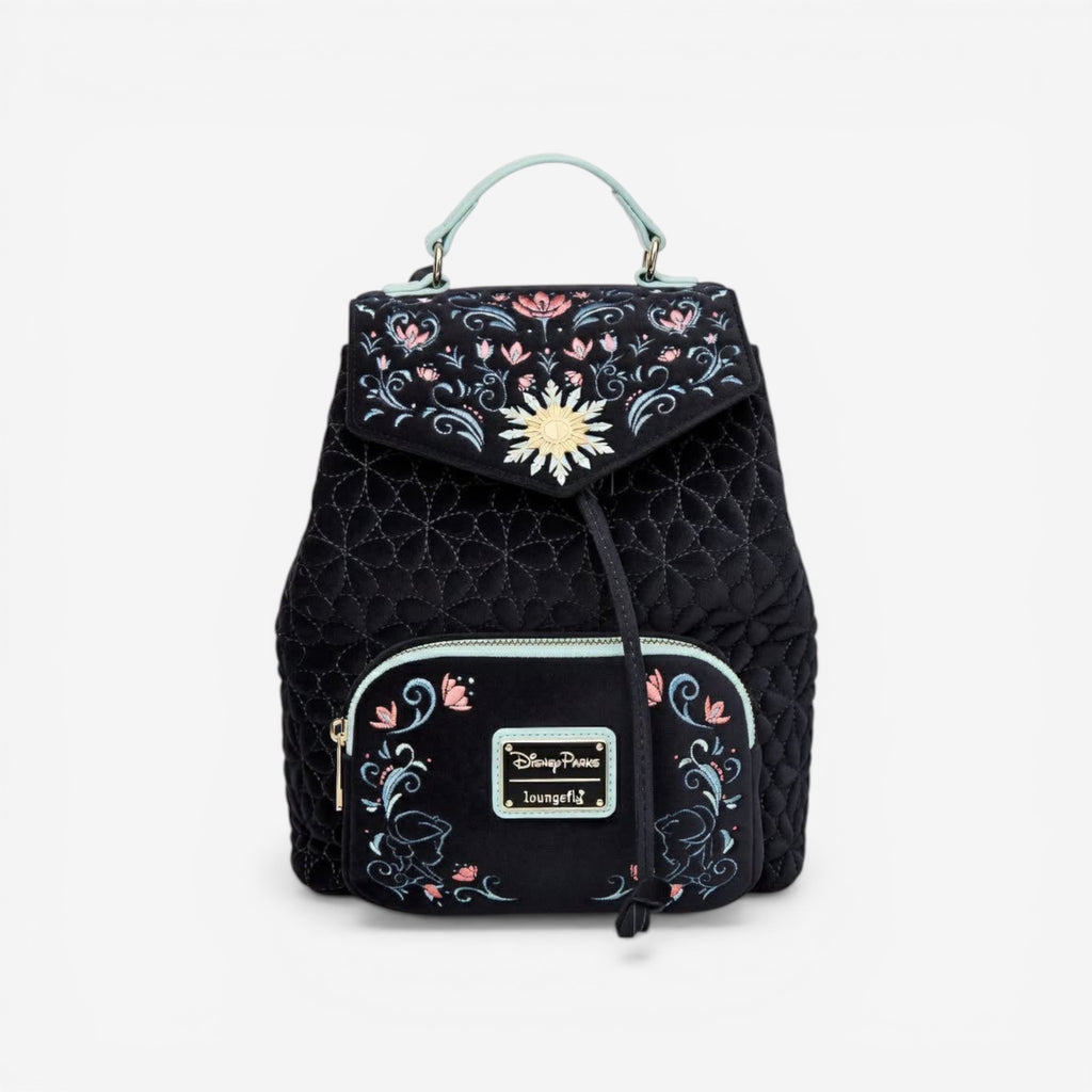 Once Upon Magic black quilted Loungefly mini backpack with Frozen Arendelle embroidery and pastel floral details.