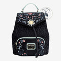 Once Upon Magic black quilted Loungefly mini backpack with Frozen Arendelle embroidery and pastel floral details.