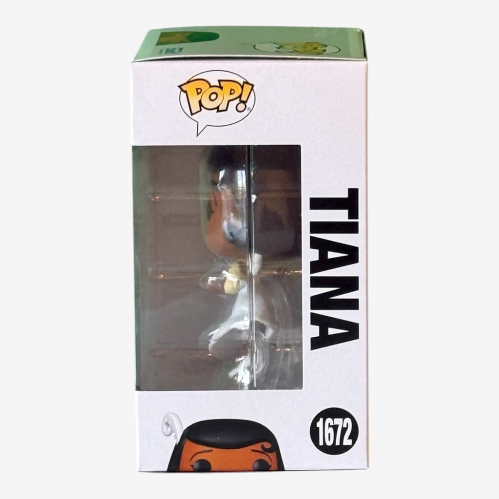 Once Upon Magic Funko Pop Tiana 1672 vinyl figure in its original box, featuring the character's iconic green dress and tiara.