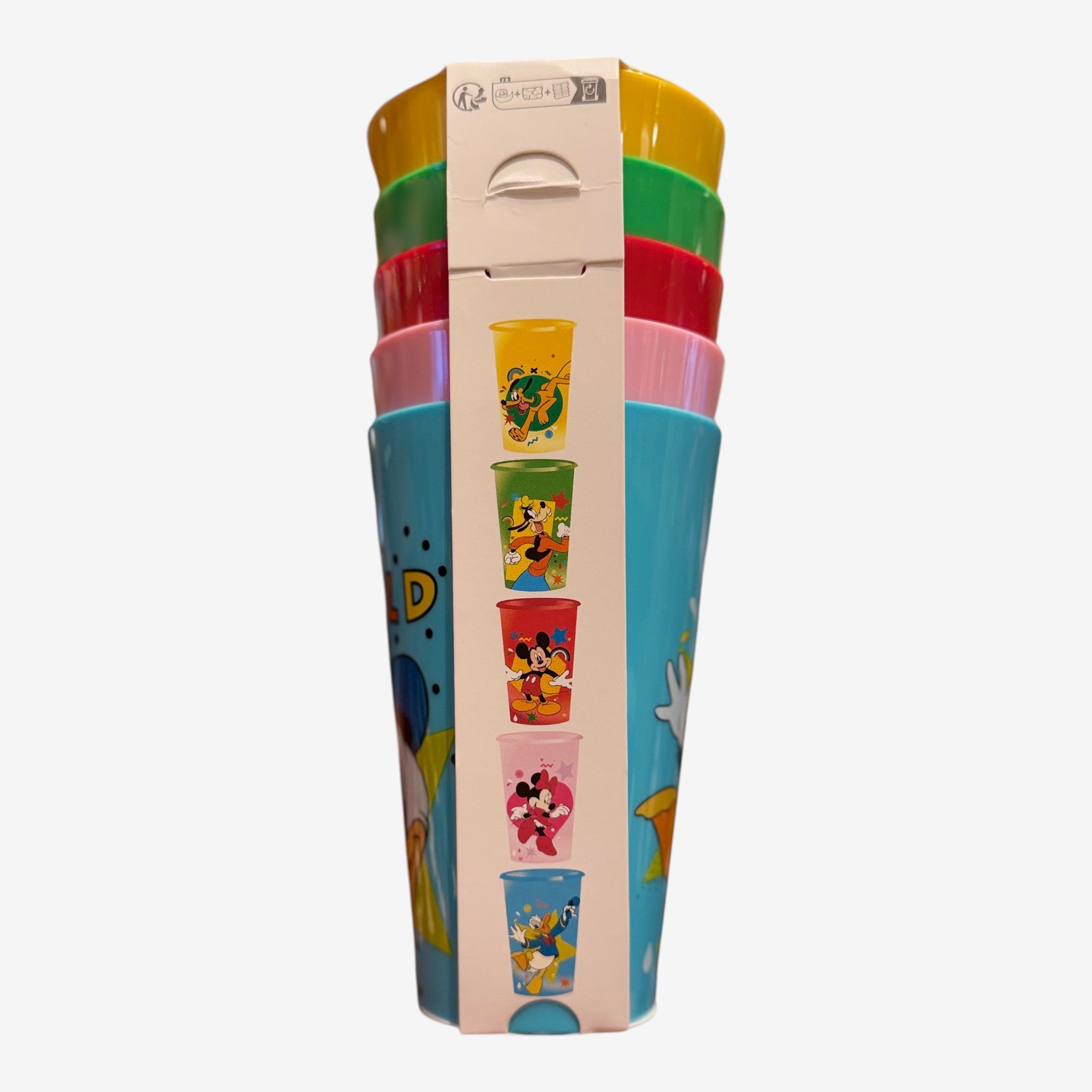 Lot de 5 gobelets en plastique colorés Once Upon Magic avec motifs Donald et Mickey, idéaux pour les enfants.
