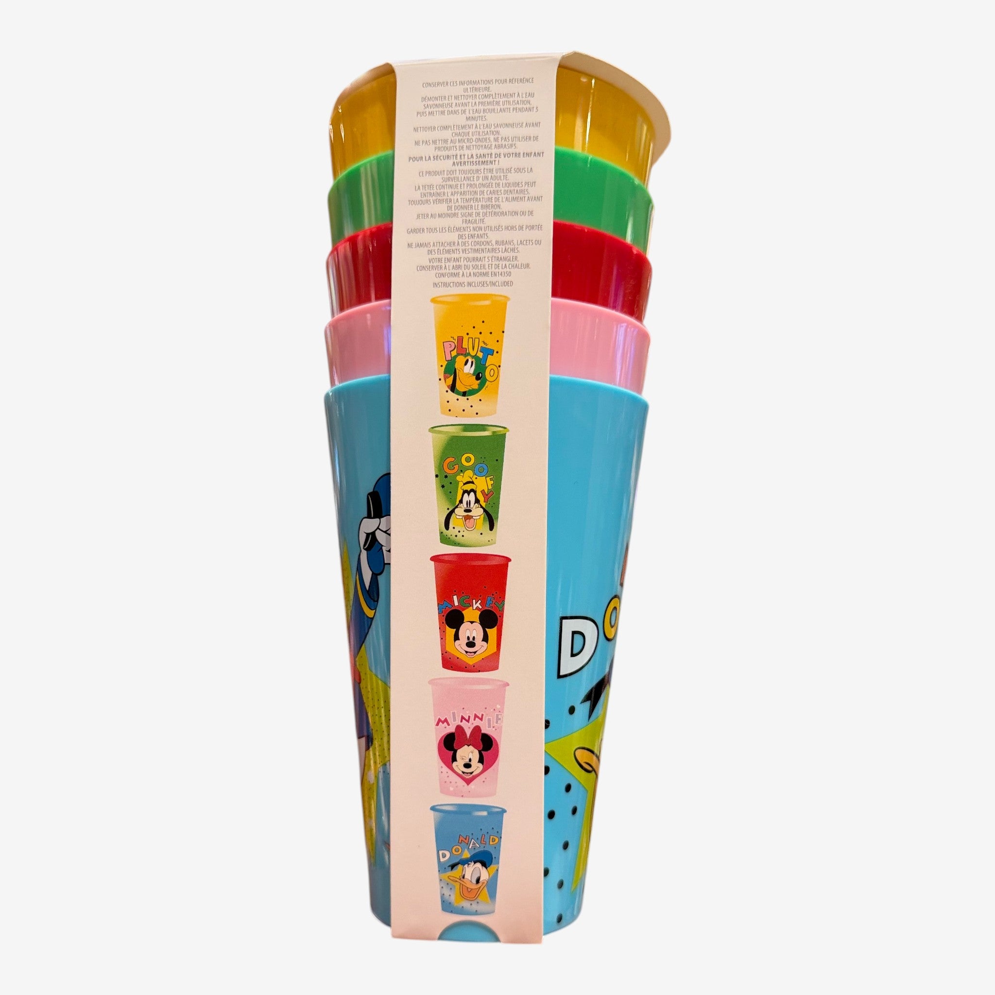 Lot de 5 gobelets empilables Once Upon Magic en plastique coloré avec motifs Donald, Mickey, Minnie, Pluto et Dingo.