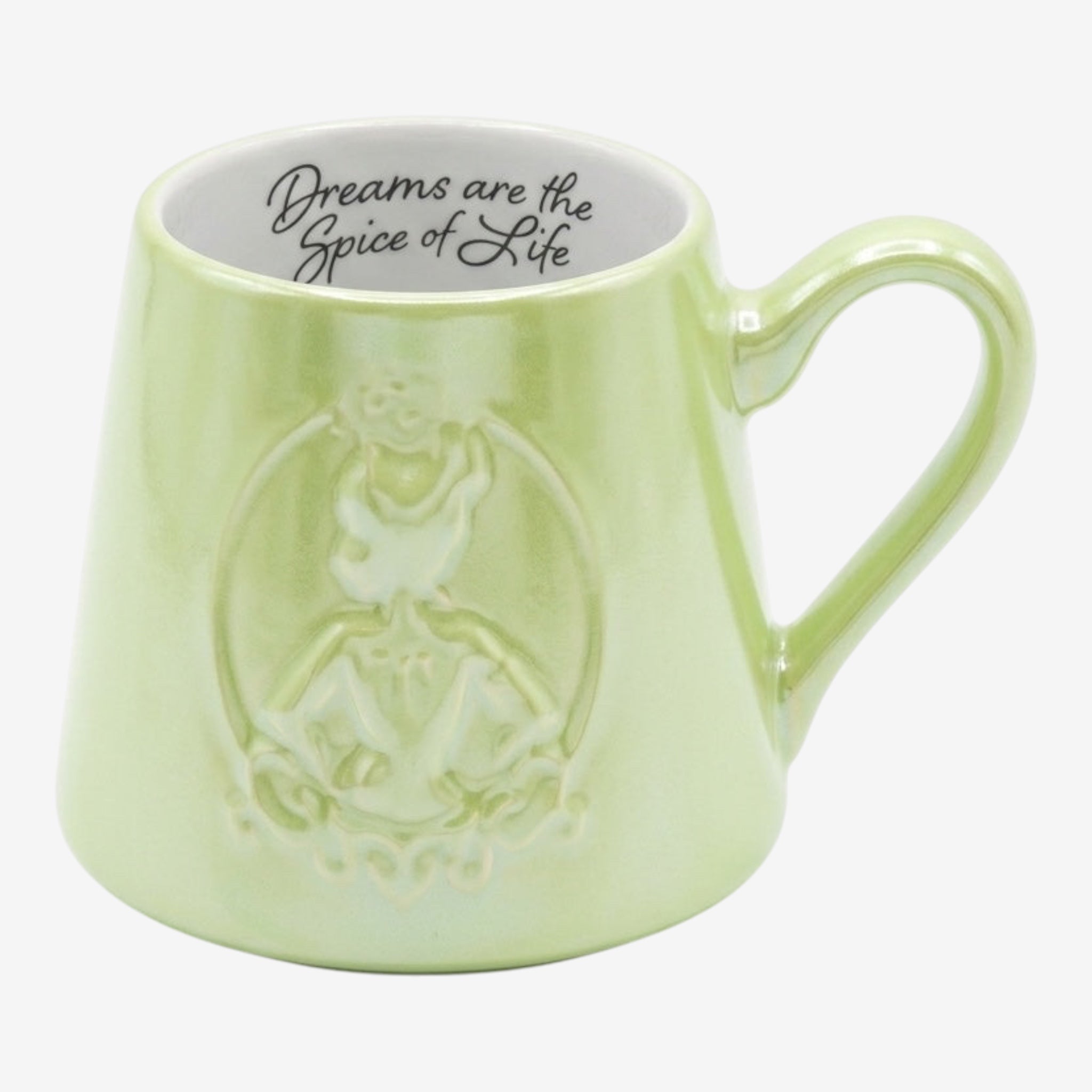 Once Upon Magic light green ceramic mug with embossed princess and "Dreams are the Spice of Life" quote inside.