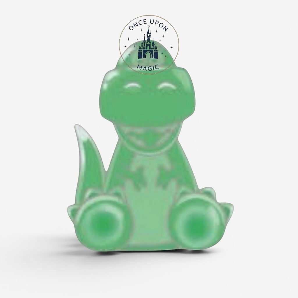 Once Upon Magic translucent green gummy Rex dinosaur pin from Toy Story, sitting pose.