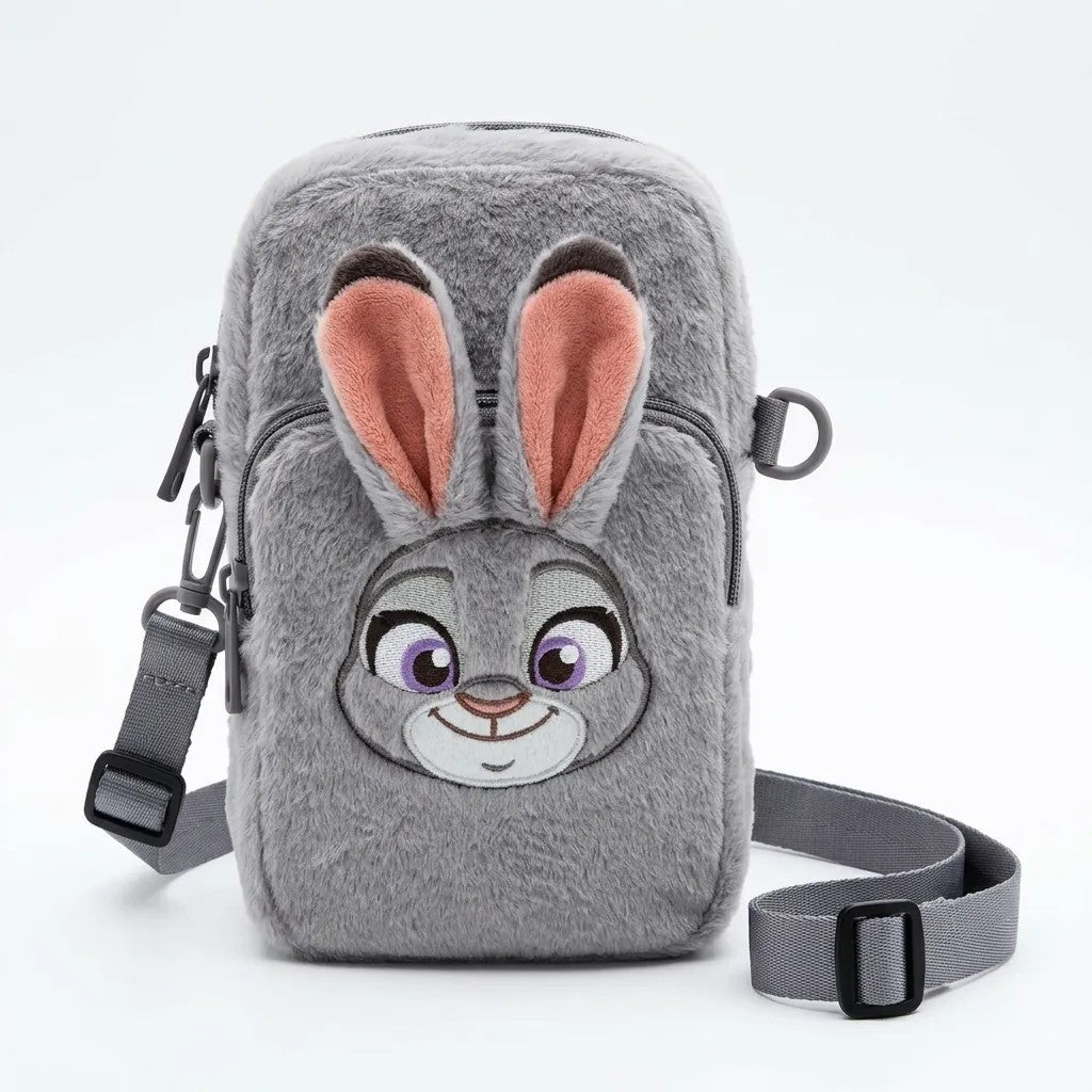 Once Upon Magic grey fuzzy bunny face crossbody bag with floppy ears and adjustable strap.