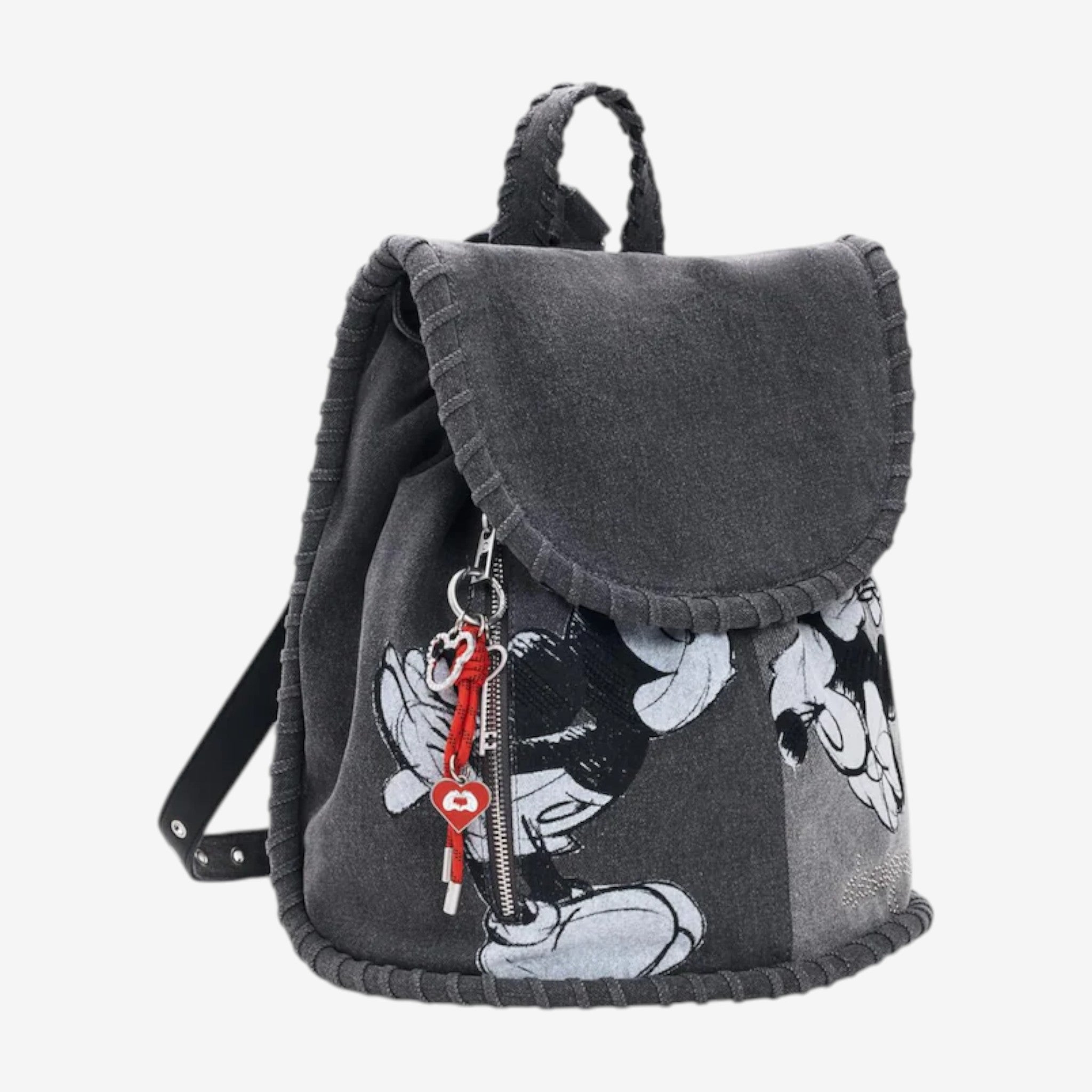 Once Upon Magic charcoal grey denim-look backpack with Mickey Mouse graphic, flap closure, zip pocket, and red heart & key charms.