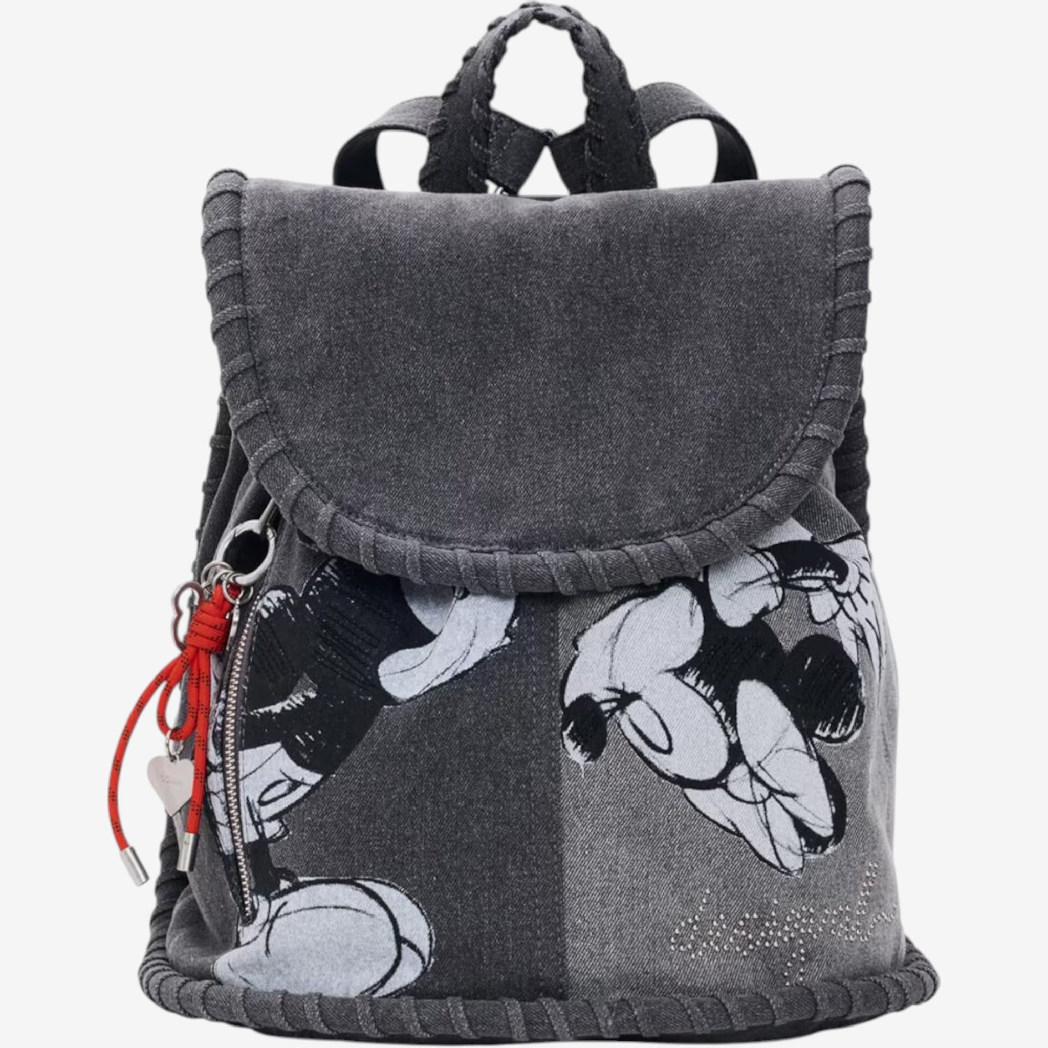 Once Upon Magic charcoal grey denim-look backpack with Mickey Mouse graphic print, flap closure, zip pocket, and adjustable straps.