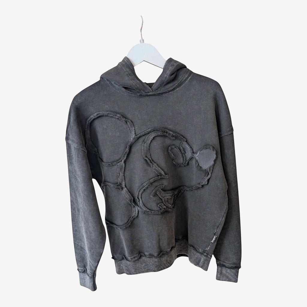 Once Upon Magic x Disneyland Paris grey washed cotton hoodie with a large Mickey Mouse appliqué design.