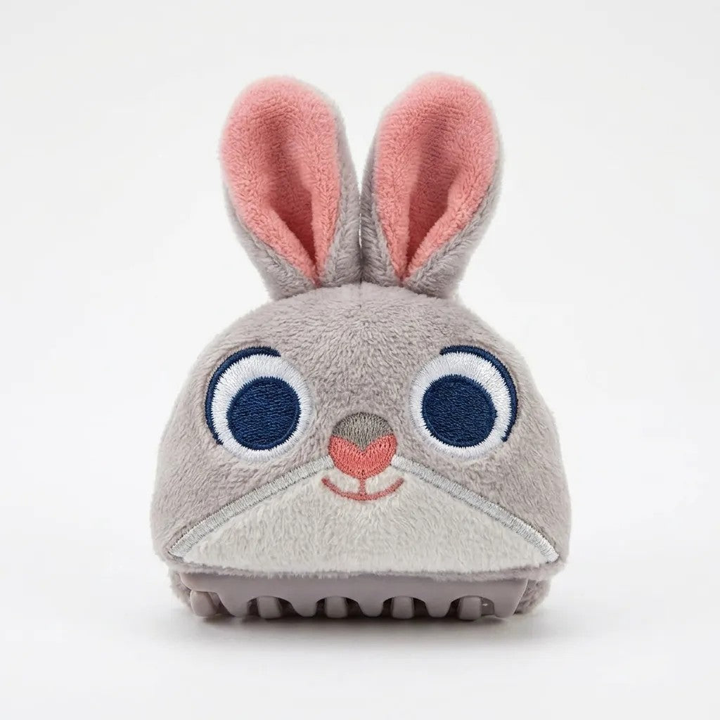 Once Upon Magic grey plush bunny toy with pink inner ears, blue eyes, and embroidered smile.