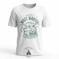 Once Upon Magic white cotton t-shirt with Grogu graphic and "Galaxy's Most Wanted – Too Cute To Get Caught" text.