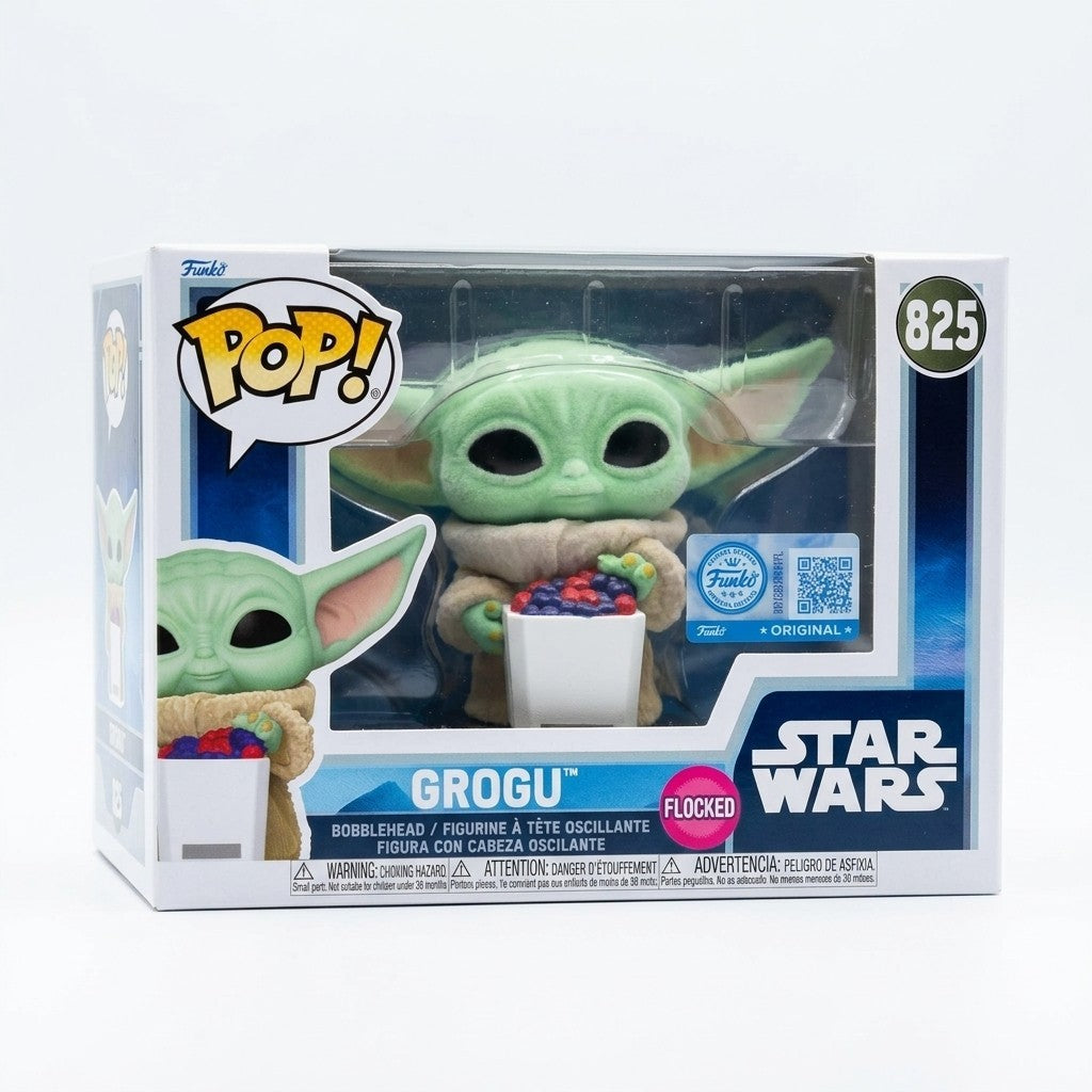 Once Upon Magic Star Wars Grogu flocked Funko Pop! bobblehead holding a bowl of berries. Figure 825.