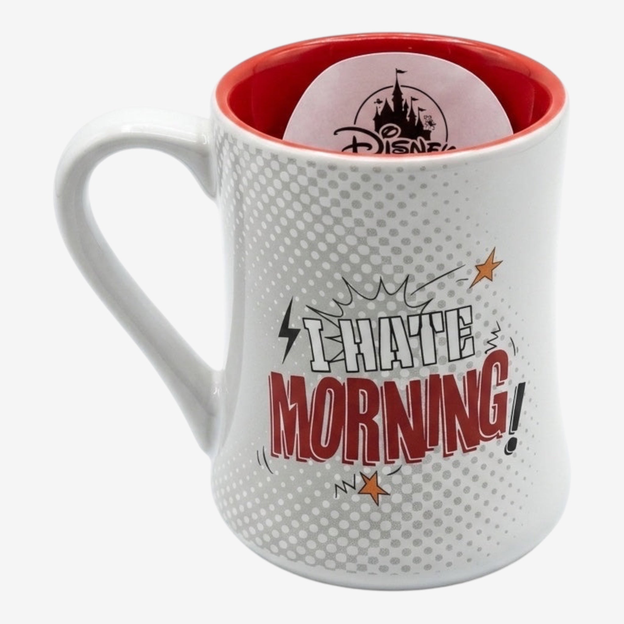 Once Upon Magic white ceramic mug with red interior, featuring Grumpy from Snow White and the Seven Dwarfs saying "I Hate Mornings" in comic book style.