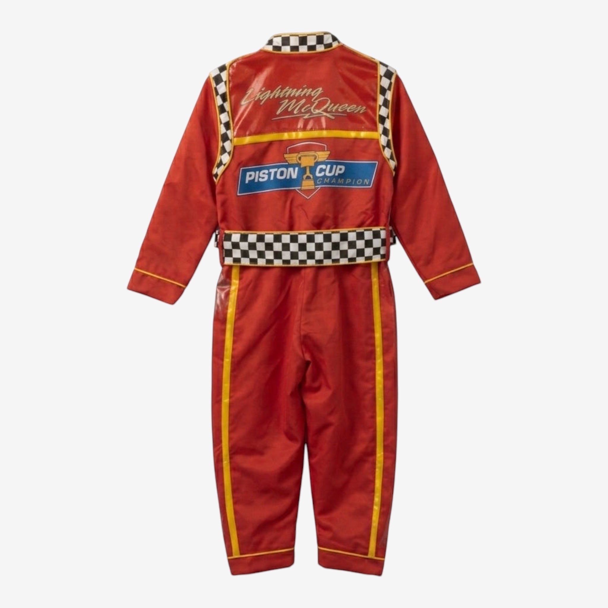 Once Upon Magic red Lightning McQueen racing costume jumpsuit for kids, featuring Piston Cup Champion graphics and checkered flag details.