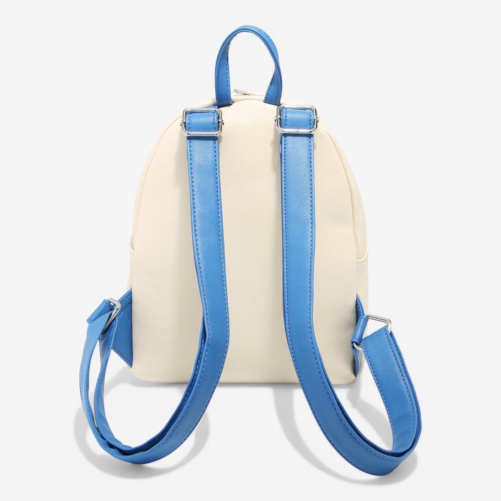 Once Upon Magic cream and blue faux leather mini backpack, inspired by Lilo & Stitch, with adjustable straps.