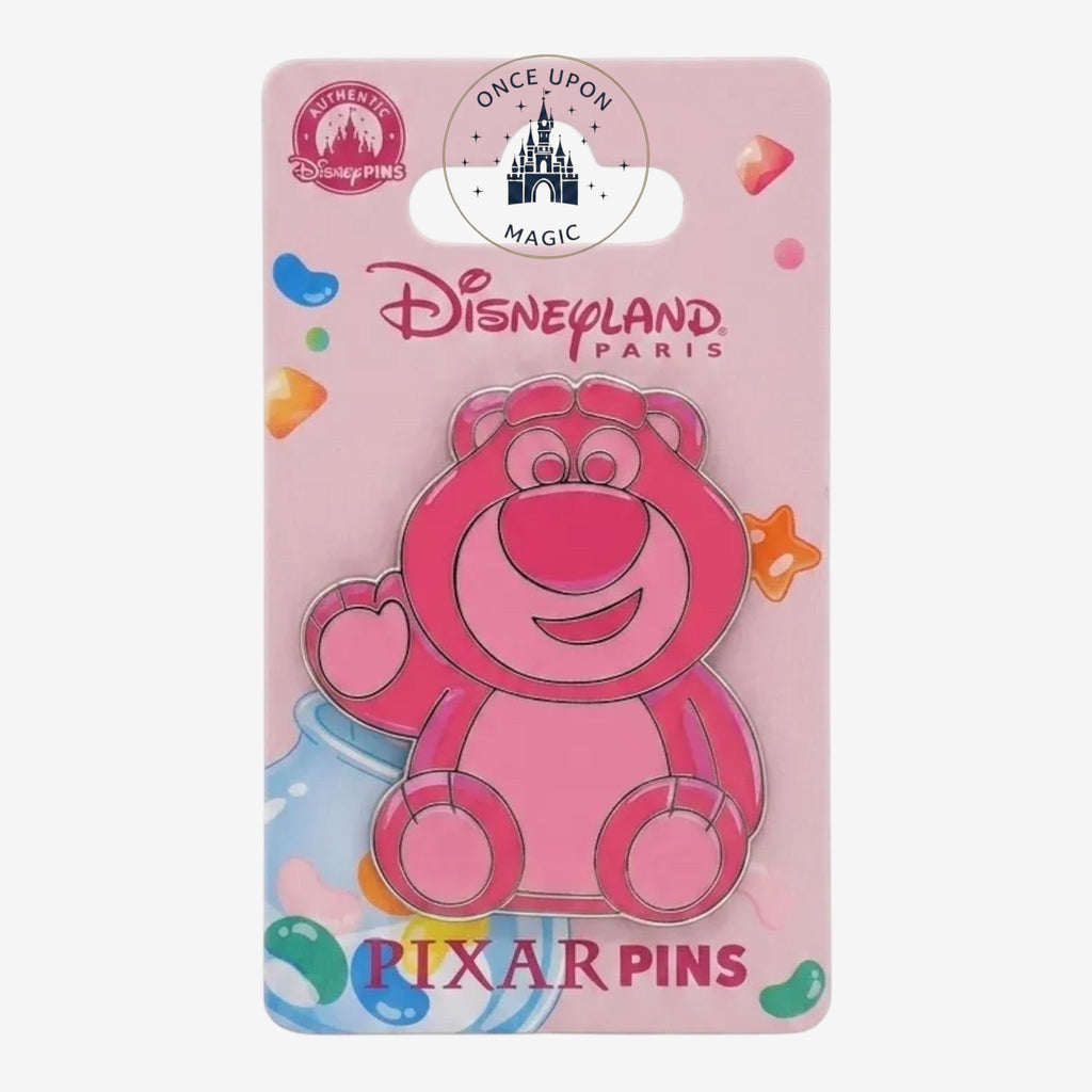 Once Upon Magic Disneyland Paris Lotso Gummy pin, a translucent pink bear from Toy Story, with a glossy finish.