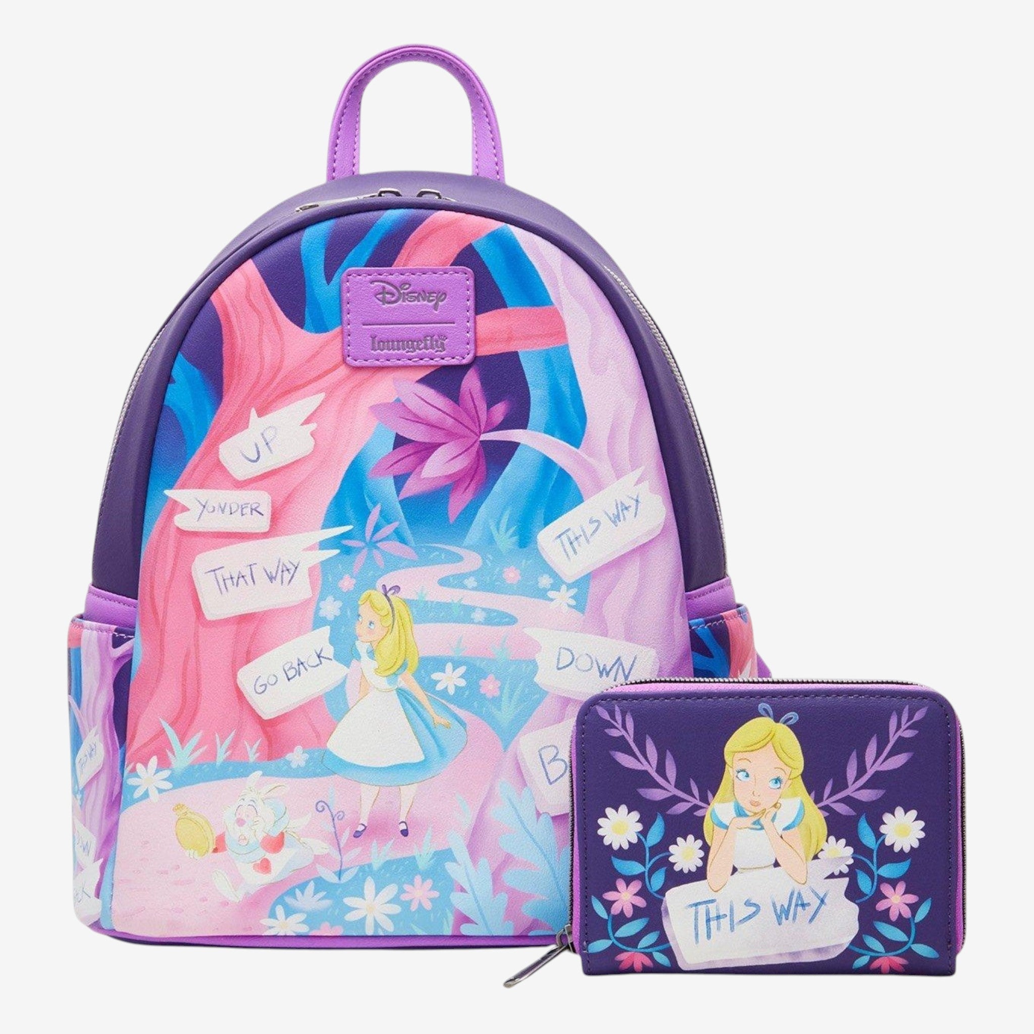 Once Upon Magic Loungefly Alice in Wonderland mini backpack and wallet set, purple polyurethane with Alice, White Rabbit, and directional signs.