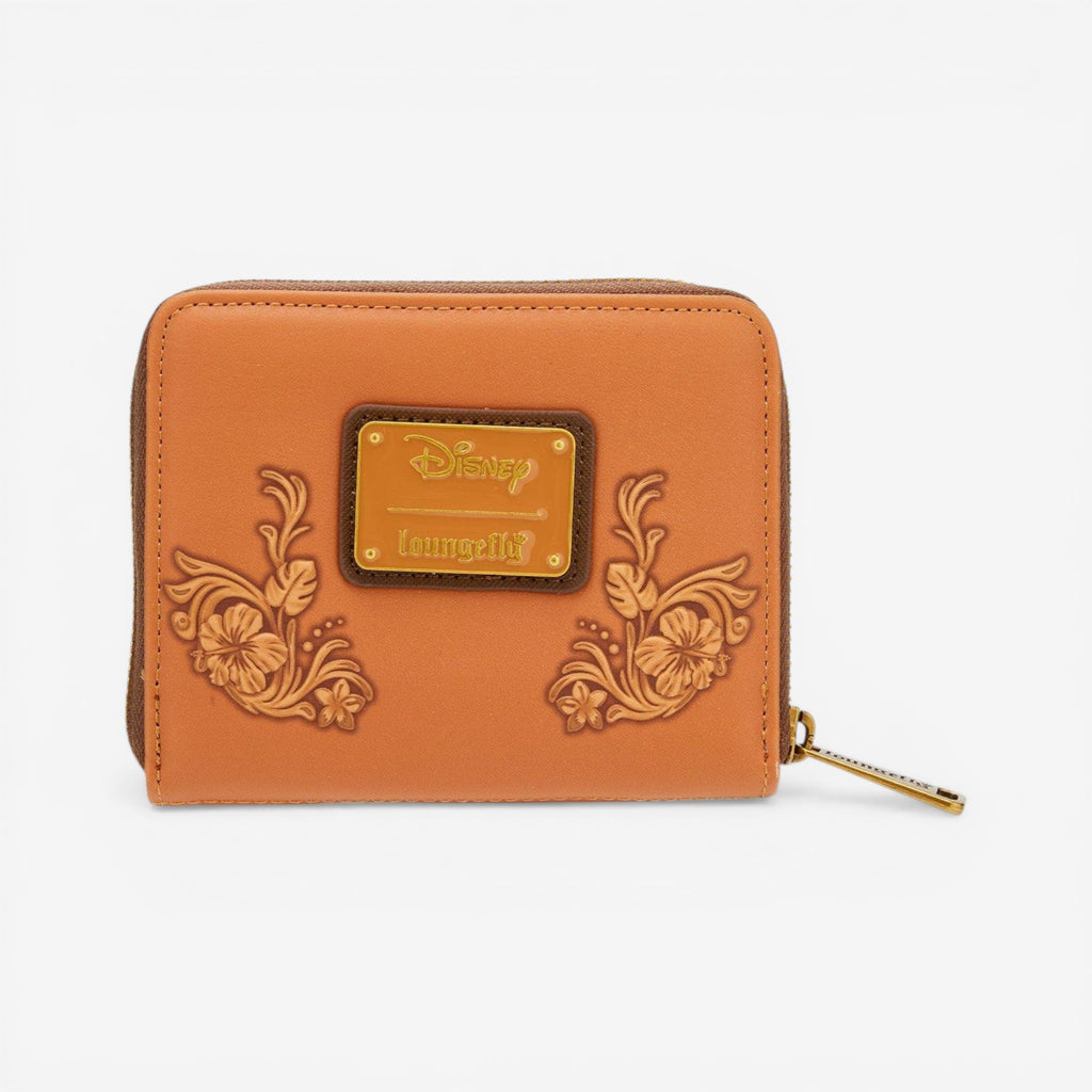 Once Upon Magic Loungefly Disney Lilo & Stitch orange faux leather wallet with embossed floral Stitch design and zip closure.