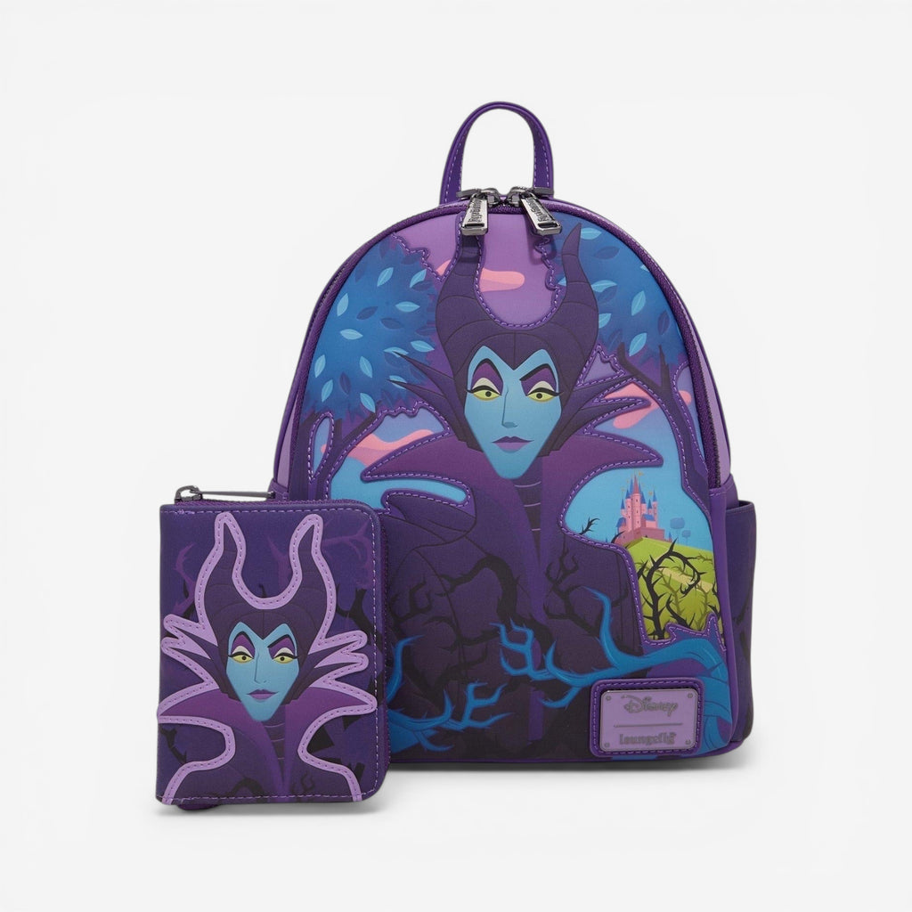 Once Upon Magic Loungefly Disney Sleeping Beauty Maleficent wallet with applique and purple/black thorn print. Polyurethane.