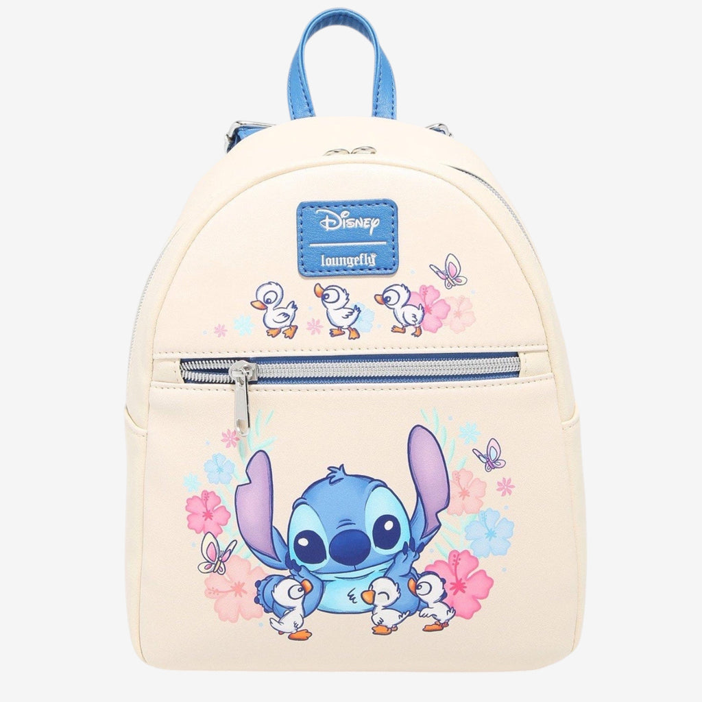 Once Upon Magic cream and blue Loungefly mini backpack featuring Stitch with ducklings and flowers. Faux leather, zip pockets, adjustable straps.