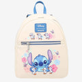 Once Upon Magic cream and blue Loungefly mini backpack featuring Stitch with ducklings and flowers. Faux leather, zip pockets, adjustable straps.