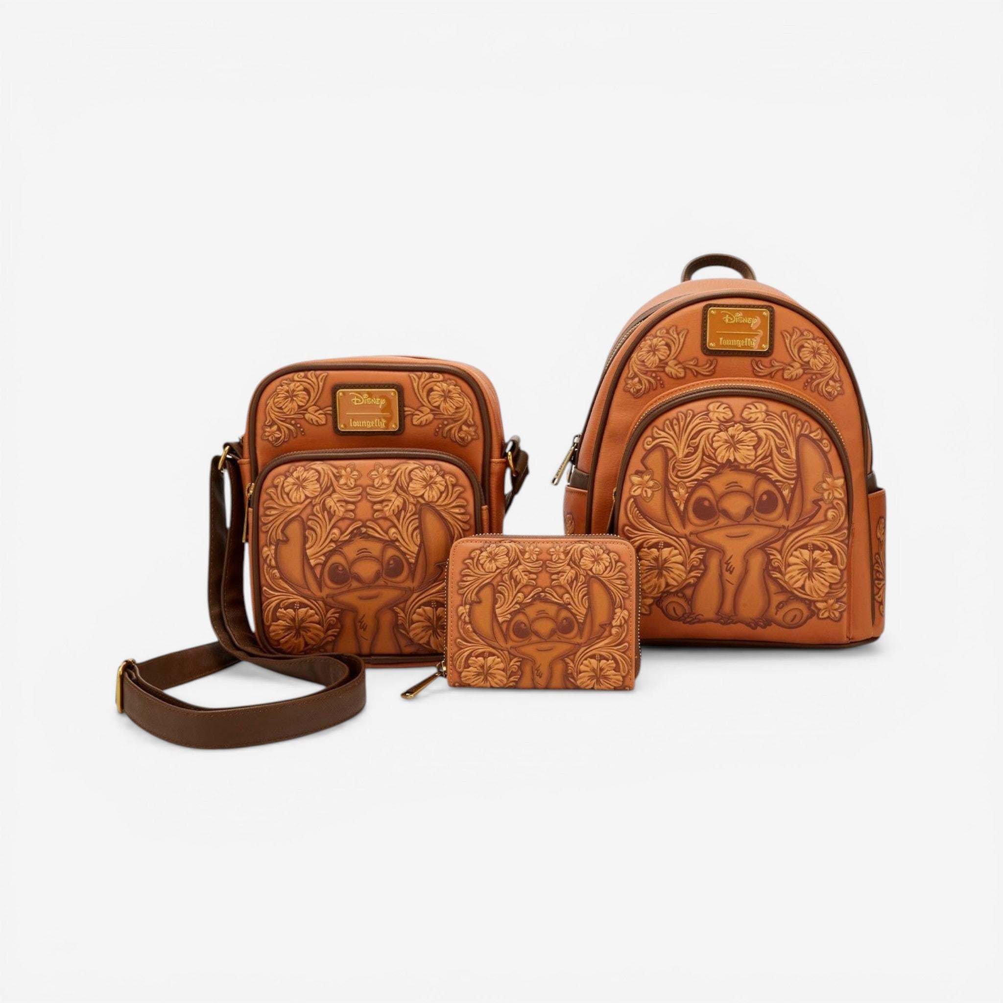 Once Upon Magic Loungefly Disney Lilo & Stitch brown faux leather wallet with embossed Stitch and floral design.