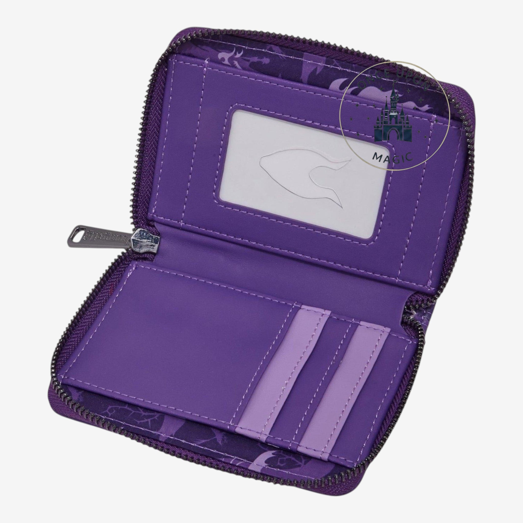 Once Upon Magic Loungefly Disney Sleeping Beauty Maleficent wallet, purple faux leather with printed thorns and card slots.